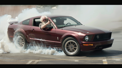 Elderly man with white hair in a car.