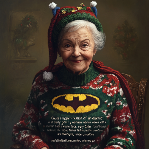 Elderly woman in quirky Batman Christmas sweater portrait