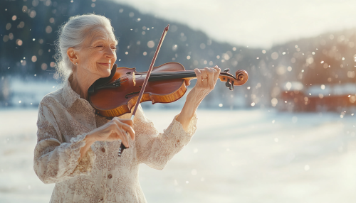 Elderly woman in stylish clothes with violin on ice