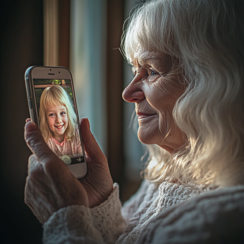 Elderly woman smiling as she sees younger self on phone.