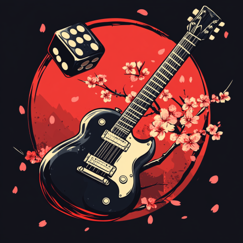 Electric guitar, cherry blossom, two rolling dices, Japanese style.
