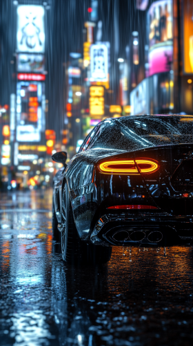 Black Car in Rainy City Night