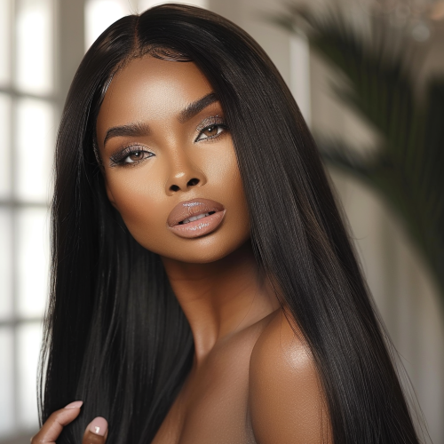 Elegant Black Woman in Fashion Studio with Soft Makeup