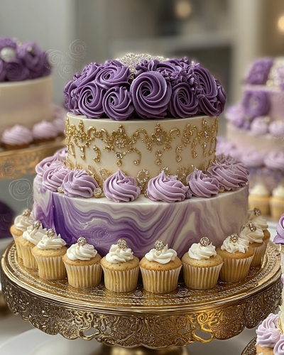 Elegant Cake Display in Lavender and Gold Theme