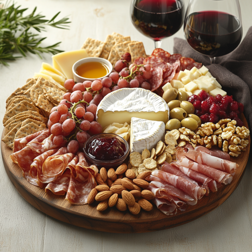 Elegant Cheese Board with Meats, Fruits, and Wine