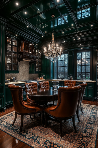 Elegant Deep Green Luxury Kitchen with Mahogany Flooring