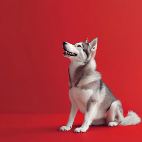 Elegant Husky Sitting with Paw Up on Red Background