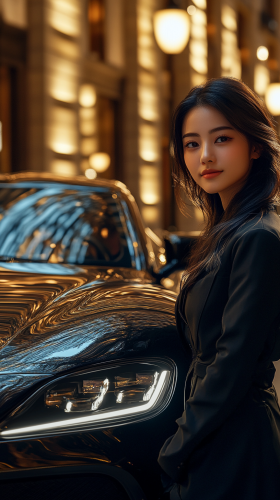 Elegant Japanese woman by luxury car
