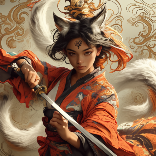 Elegant Kitsune in silk kimono wields katana, oil painting.