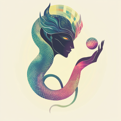 Elegant Naga Figure Holding Symbolic Orb Art