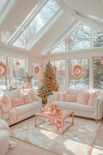 Elegant Rose Gold Christmas Sunroom Decor