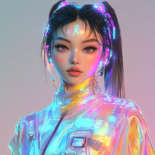 Elegant anime-style woman in futuristic cyberpunk-inspired metaverse.