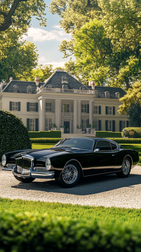 Elegant black car in front of grand estate