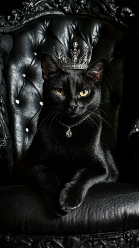 Elegant black cat in diamond tiara throne