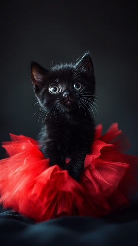 Elegant black kittens in red tutus, mysterious and sleek