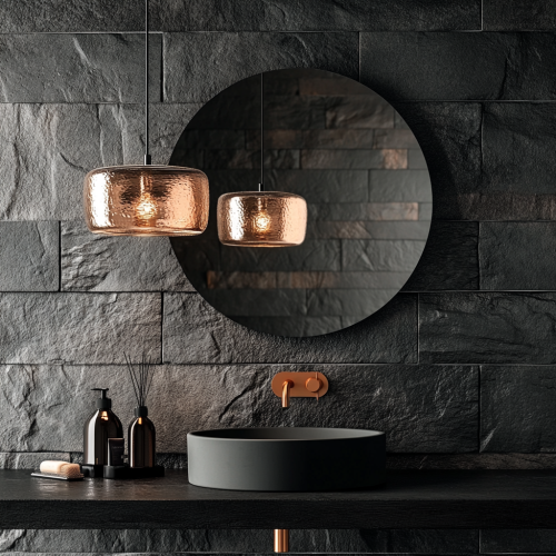 Elegant dark bathroom with stone tiles and mirror