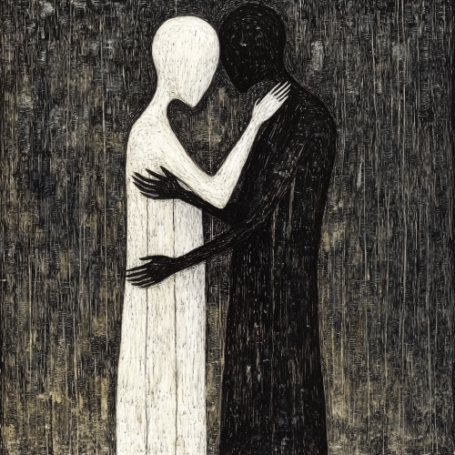 Elegant figures in calm tension with surreal elements. Elegant figures in calm tension with surreal elements.