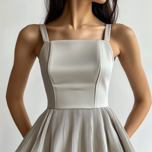 Elegant gray dress with square neckline bodice.