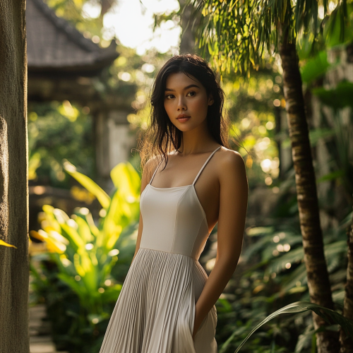 Elegant model in gray dress in Bali