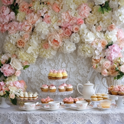 Elegant tea party with floral, lace, hats, and desserts. Elegant tea party with floral, lace, hats, and desserts.