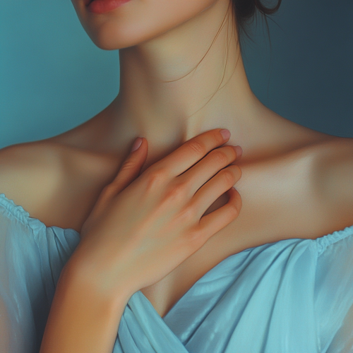 Elegant woman's hands in blue, feeling happy