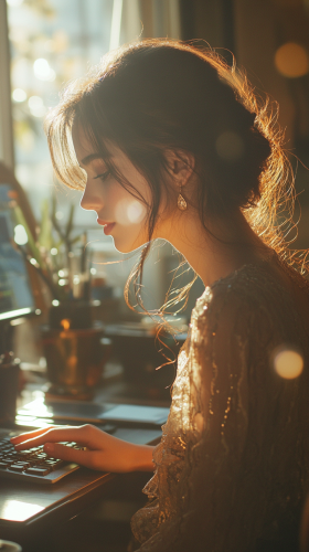 Elegant woman at desk typing with office accessories