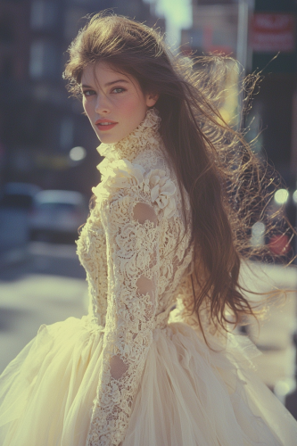 Elegant woman in lace Gucci gown with confidence
