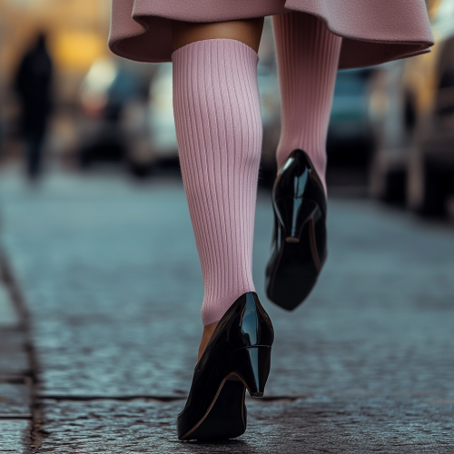 Elegant woman in pink wool socks walking street 