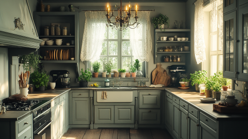 Elegantly eerie kitchen: gray cabinets, lace curtains, antique chandelier. Elegantly eerie kitchen: gray cabinets, lace curtains, antique chandelier.