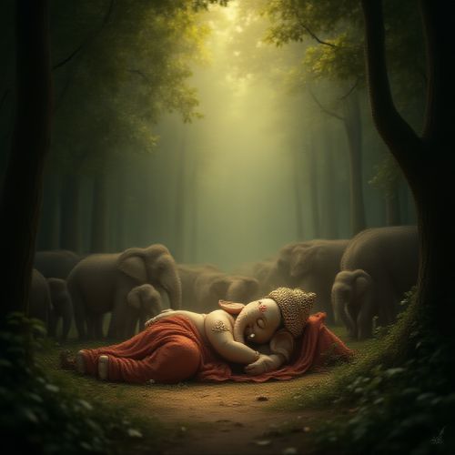 Elephants Shielding Sleeping Lord Ganesha in Forest
