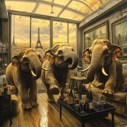 Elephants dancing in loft with artist journalist holding cocktail. Elephants dancing in loft with artist journalist holding cocktail.