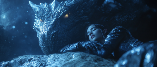 Elf warrior resting in cave, dragon lurks behind her.