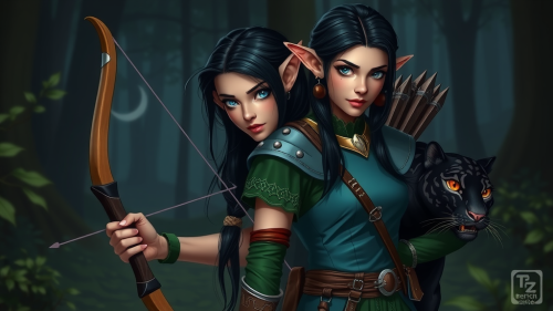 Elven Archer with Panther in Night Forest