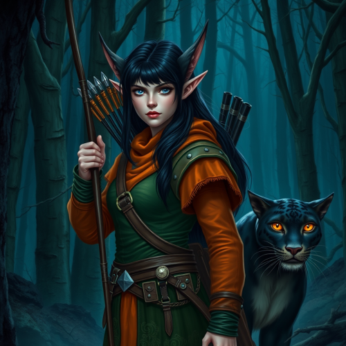 Elven Archer with Panther in Night Forest