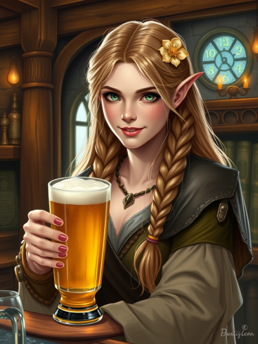 Elven Bartender Serving Beer in Medieval Tavern