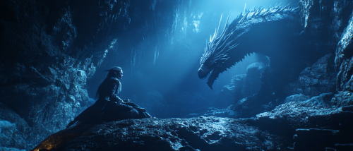 Elven Sylvanas resting in dark cave, dragon shadows present.