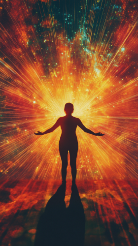 Embracing cosmic power in radiant mystical light