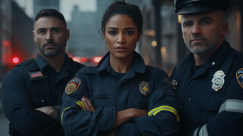 Emergency Responders Standing Together - Serious Eye Contact Emergency Responders Standing Together - Serious Eye Contact