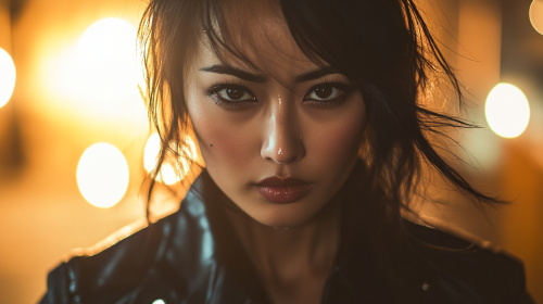 Emotional Asian woman in leather jacket in ballroom