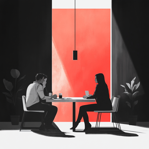 Empathetic Conversation: Modern Workplace Artwork in Grayscale