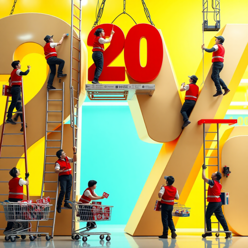 Employees Constructing a Huge Discount Sign in Supermarket