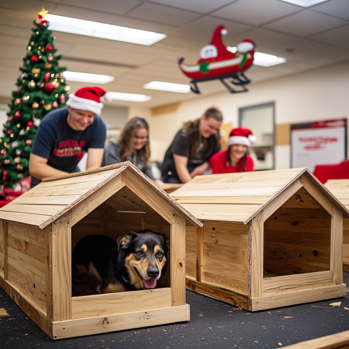 Employees create dog houses in festive Christmas office