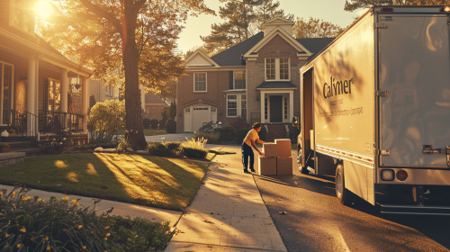 Employees loading boxes into moving truck in morning