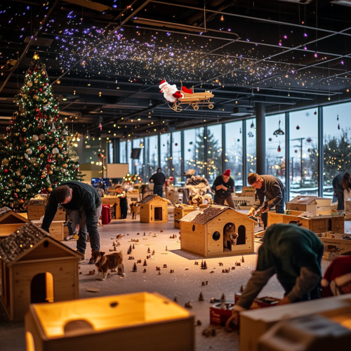 Employees making dog houses in Christmas-themed office