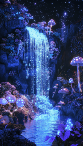 Enchanted Waterfall: Fairies Dance Under Glowing Night Sky Enchanted Waterfall: Fairies Dance Under Glowing Night Sky