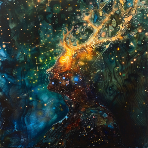 Enchanted forest spirit conjuring celestial fire opals.