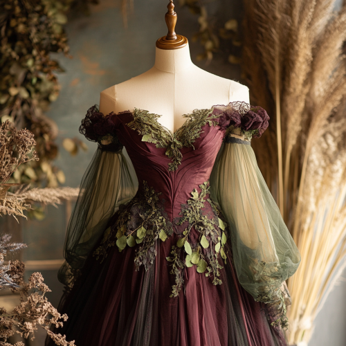 Enchanted forest themed burgundy gown on mannequin