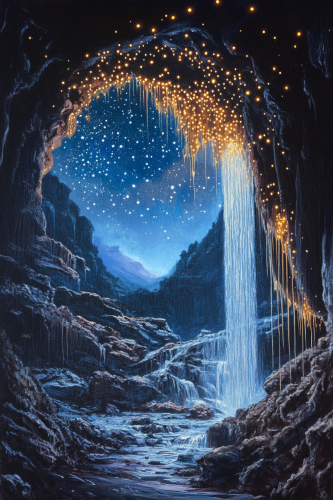 Oil Painting Save, Waterfall and Glow Worms