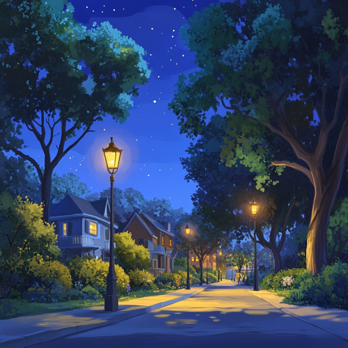 Enchanting Pixar-style nighttime path with whimsical characters