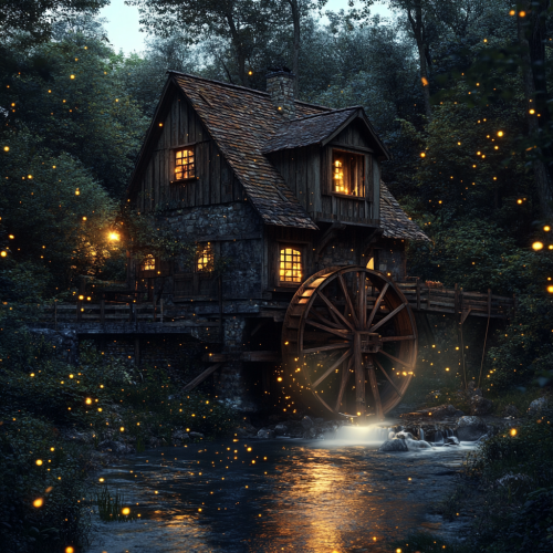 Enchanting Watermill with Glowing River and Fireflies Landscape